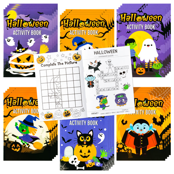 Dvbonike 24Pcs Halloween Coloring Book Mini Game Color-in Pages Activity Book Set with Maze Crossword Puzzle Games Theme Party Favors Holiday Event Gift School Classroom Recreation Supplies for Kids