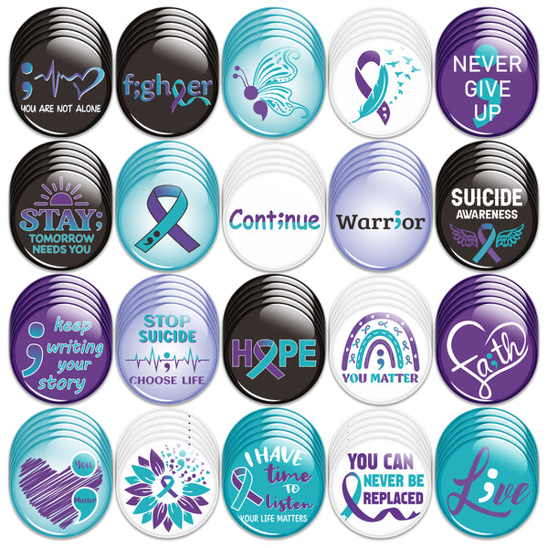 Dvbonike 100Pcs Suicide Prevention Awareness Button Pins - Teal Purple Ribbon Semicolon Round Badges World Suicide Prevention Day Hope Faith Brooch Pin Decor Supplies, Clothing Bag Hat Accessories