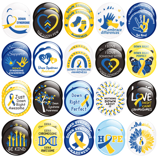 Dvbonike 40Pcs Down Syndrome Awareness Button Pins - Blue Yellow Ribbon Round Badges Party Favor Care Support Pinback Decoration for School Classroom Activity Gift Supplies Clothe Bag Accessories