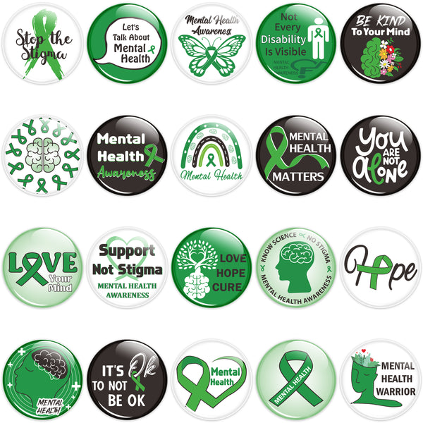Dvbonike 100Pcs Mental Health Awareness Button Pins - Green Ribbon Round Badges Mental Health Awareness Month Pinback Decoration Party Favor Supplies, Clothing Bag Hat Accessories