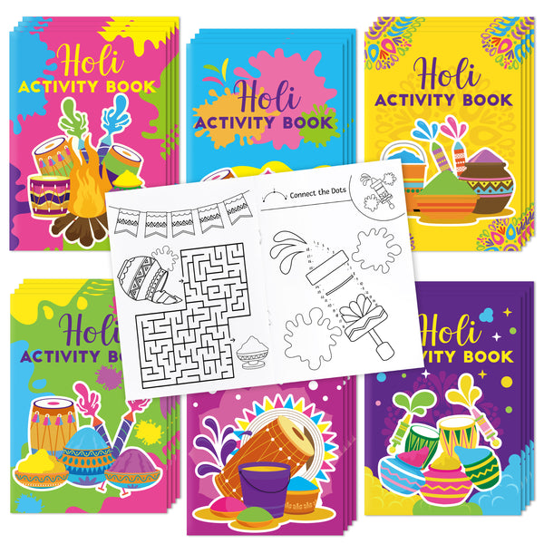 Dvbonike 24Pcs Holi Activity Books for Kids - Mini Fun Games Coloring Book Bulk Colored Powder Happy Holi Festival Party Favors for Home Family Community Activity Event Celebration Supplies