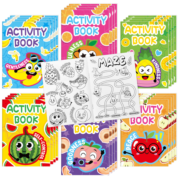 Dvbonike 24Pcs Religious Fruit Activity Books for Kids - Mini Fun Games Coloring Book Bulk Party Favors Goodie Bags Stuffers for Birthday Classroom School Students Rewards Supplies