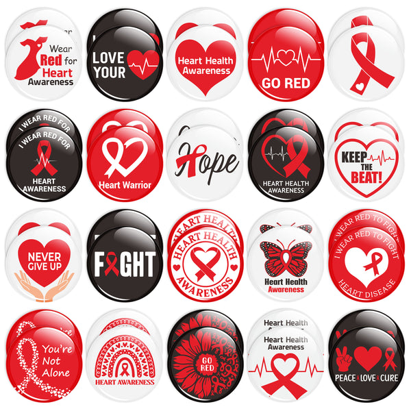 Dvbonike 40Pcs Heart Health Awareness Button Pins - Red Ribbon Round Badges Party Favor Heart Disease Awareness Pinback Decoration for School Classroom Activity Gift Supplies Clothe Bag Accessories