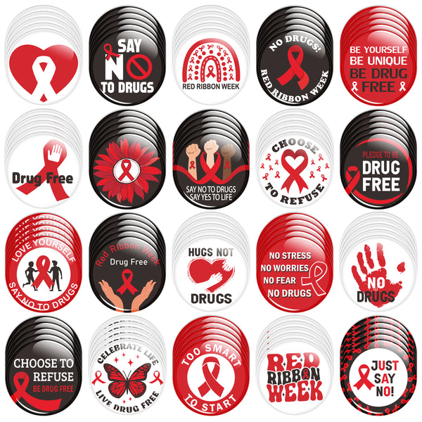 Dvbonike 100Pcs Red Ribbon Week Button Pins - Drug Free Awareness Round Badges Anti Drugs Pinback Decoration for School Classroom Educational Activity Gift Party Favor Supplies Clothe Bag Accessories