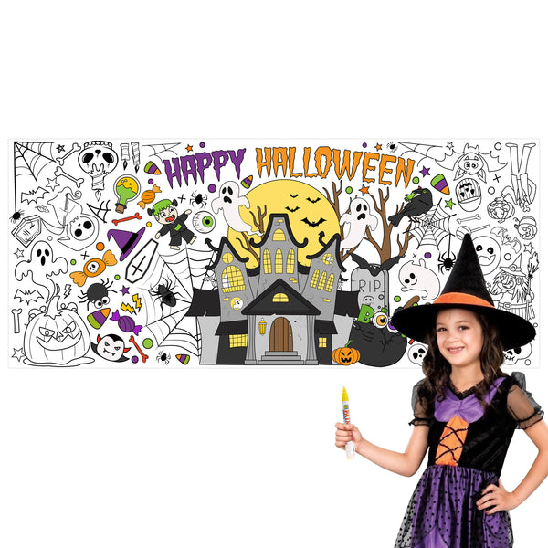 Dvbonike Giant Halloween Coloring Poster Jumbo Happy Halloween Color-in Paper 55 x 23.6 inch DIY Blank Art Banner Tablecloth with Castle Pumpkin Ghost Decor for Kids Theme Party Activity Supplies