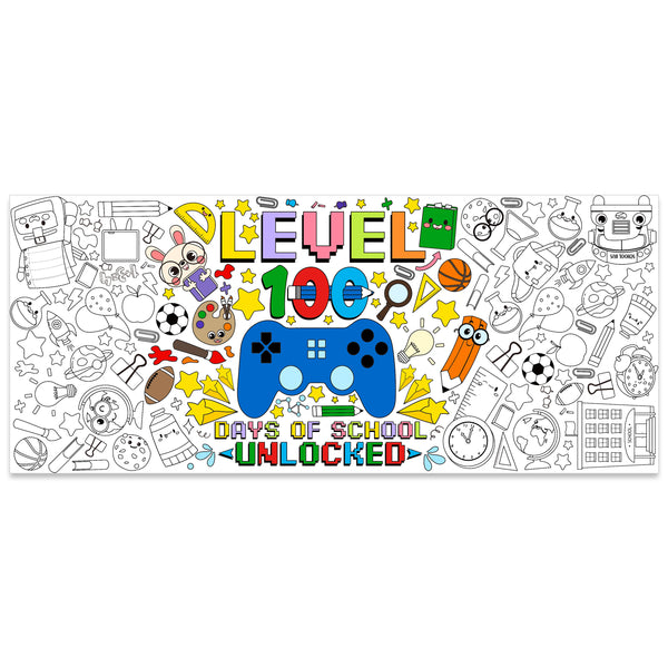 Dvbonike Jumbo 100 Days of School Coloring Poster - Level 100 Unlocked DIY Drawing Color-in Paper Blank Doodle Art Banner 55.1 x 23.6 Inch Decor, Home School Classroom Activity for Kids Party Supplies