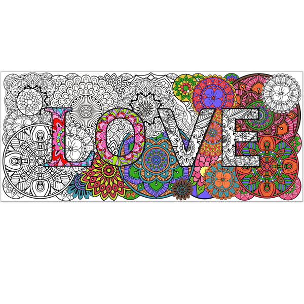 Dvbonike Jumbo Mandala Coloring Poster Giant Love 55.1 x 23.6 inch Flower Color-in Paper Poster DIY Drawing Blank Doodle Art Banner Tablecloth Wall Decor for Kids Home School Activity Party Supplies