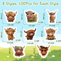 Dvbonike 800Pcs Cute Highland Cow Roll Stickers 8 Style Cartoon Hyland Cattle Decals for Kids, Water Bottle Laptop Scrapbook Luggage Decor Incentive School Classroom Rewards Gift Party Favor Supplies