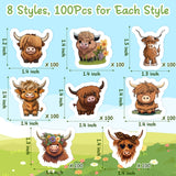 Dvbonike 800Pcs Cute Highland Cow Roll Stickers 8 Style Cartoon Hyland Cattle Decals for Kids, Water Bottle Laptop Scrapbook Luggage Decor Incentive School Classroom Rewards Gift Party Favor Supplies
