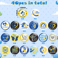 Dvbonike 40Pcs Down Syndrome Awareness Button Pins - Blue Yellow Ribbon Round Badges Party Favor Care Support Pinback Decoration for School Classroom Activity Gift Supplies Clothe Bag Accessories