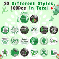 Dvbonike 100Pcs Mental Health Awareness Button Pins - Green Ribbon Round Badges Mental Health Awareness Month Pinback Decoration Party Favor Supplies, Clothing Bag Hat Accessories