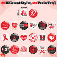 Dvbonike 100Pcs Heart Health Awareness Button Pins - Red Ribbon Round Badges Party Favor Heart Disease Awareness Pinback Decoration for School Classroom Activity Gift Supplies Clothe Bag Accessories