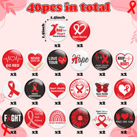 Dvbonike 40Pcs Heart Health Awareness Button Pins - Red Ribbon Round Badges Party Favor Heart Disease Awareness Pinback Decoration for School Classroom Activity Gift Supplies Clothe Bag Accessories