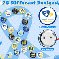 Dvbonike 40Pcs Down Syndrome Awareness Button Pins - Blue Yellow Ribbon Round Badges Party Favor Care Support Pinback Decoration for School Classroom Activity Gift Supplies Clothe Bag Accessories