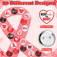 Dvbonike 40Pcs Heart Health Awareness Button Pins - Red Ribbon Round Badges Party Favor Heart Disease Awareness Pinback Decoration for School Classroom Activity Gift Supplies Clothe Bag Accessories