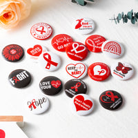 Dvbonike 100Pcs Heart Health Awareness Button Pins - Red Ribbon Round Badges Party Favor Heart Disease Awareness Pinback Decoration for School Classroom Activity Gift Supplies Clothe Bag Accessories