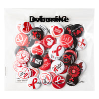 Dvbonike 40Pcs Heart Health Awareness Button Pins - Red Ribbon Round Badges Party Favor Heart Disease Awareness Pinback Decoration for School Classroom Activity Gift Supplies Clothe Bag Accessories