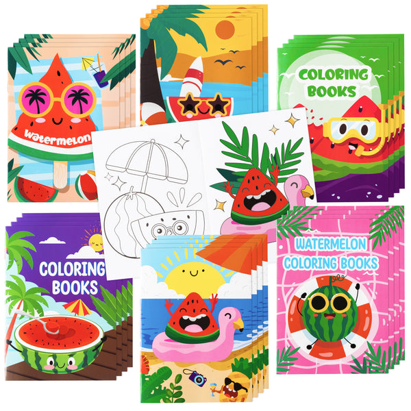 Dvbonike 24Pcs Watermelon Coloring Books Summer Themed DIY Color-in Pages with Seaside Beach Sunglasses Drawing Party Favors Gifts Home School Classroom Game Art Activity Supplies for Kids Age 4-8