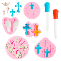 7Pcs Cross Angel Wings Silicone Molds Chocolate Fondant Candy Baking Mould for DIY Cake Decoration Mini Craft and Party Supplies for Birthday Baptism Baby Shower Wedding