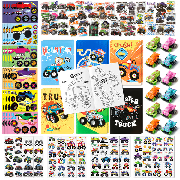 Dvbonike 106Pcs Monster Truck Party Favors Birthday Party Supplies Including Truck Stickers Tattoo Stickers Face Stickers Car Monster Truck Coloring Book for Your Friends Gift Reward Students Kids