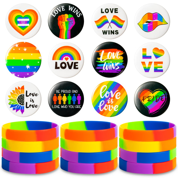 Dvbonike 24Pcs Gay Pride Pins with Rainbow Silicone Bracelets LGBT Heart Flag Lapel Pins for Daily Wear and LGBTQ Parade Celebration Festival Ornaments Colorful Decors Party Favor