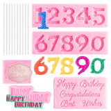 15Pcs Happy Birthday 3D Embossed Number Letter Fondant Molds with Lollipop Paper Sticks Chocolate Candy Silicone Baking Mould Ice Cube Tray for Making Cake Decoration for Birthday Party