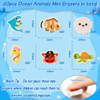 Dvbonike 60Pcs Ocean Animals Mini Erasers for Kids Bulk, Novelty Sea Animal Cute Pencil Eraser Marine Life 3D Desk Pet for Classroom Prizes Student Homework Reward Party Favors Gift Filler Supplies