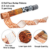 Dvbonike 6 Rolls Animal Print Wired Edge Ribbons Farmhouse Cow Print Faux Burlap Ribbon Safari Animal Leopard Zebra Tiger Giraffe Print Linen Sackcloth Crafts for Wreath Home Decor 2.5" x 5 Yard