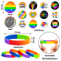 Dvbonike 24Pcs Gay Pride Pins with Rainbow Silicone Bracelets LGBT Heart Flag Lapel Pins for Daily Wear and LGBTQ Parade Celebration Festival Ornaments Colorful Decors Party Favor