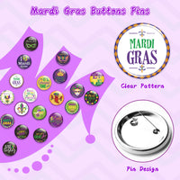 Dvbonike 40Pcs Mardi Gras Buttons Pins Carnival Round Badges Decoration, Crown Mask Pattern Brooch Pin, Mardi Gras Party Favor Supplies Festival Ornaments, Accessories for Hat Clothe Bags (20 Styles)