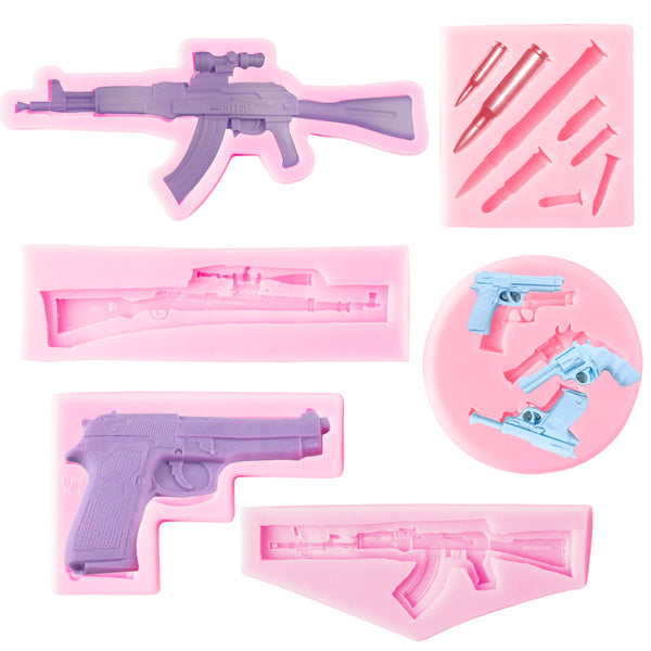 6Pcs Imitation Pistol Machine Gun Silicone Molds Baking Mold Birthday Party Supply for Making Cake Decoration Chocolate Candy Jewelry Making and Mini DIY Craft for Birthday Party Supply