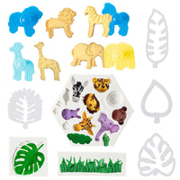 11Pcs Jungle Safari Animal Cake Fondant Molds Cookie Cutter Gum Paste Baking Mould Tropical Leaf &Grass Candy Making Mold for Cake Decoration DIY Craft Tools for Baby Shower Birthday Party